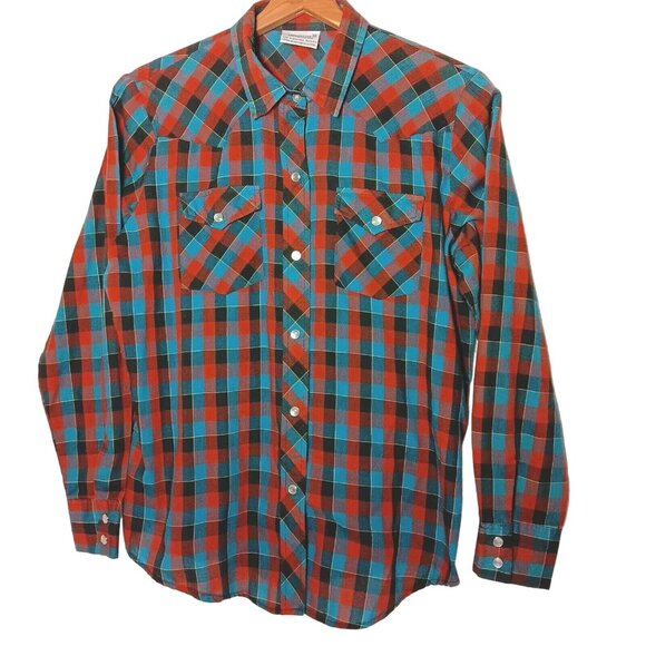 Western Shirt Size 38 Pearl Snap Blouse Maroon Tea Black Plaid Vintage Ranchwear - Picture 1 of 10
